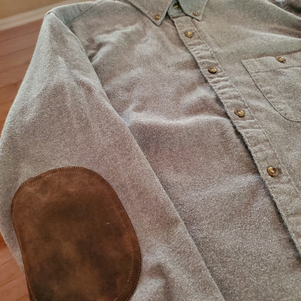 Men's JCrew Gray Flannel Slim Button-Up Shirt with Suede Chocolate Elbow Patches
